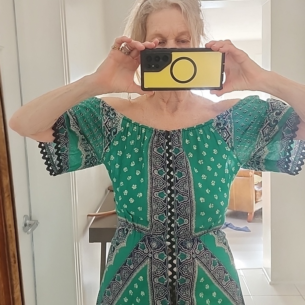 Vintage Dress Maxi Antique Green & Black 100% Cotton Bandana Dress 1960